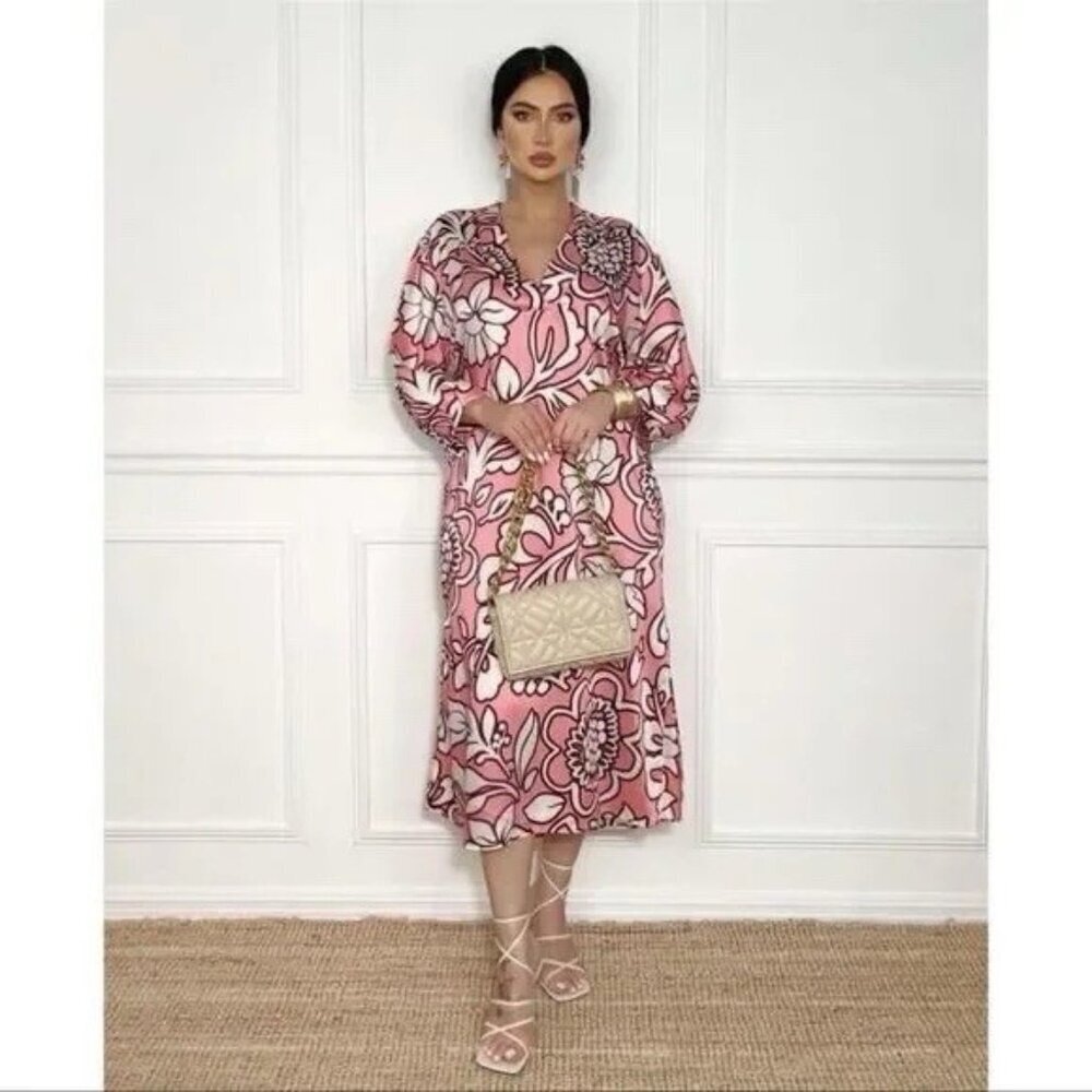 Zara Womens Size S Boho Floral Print Satin Tunic‎ Dress 3/4 Sleeve V-Neck NWT